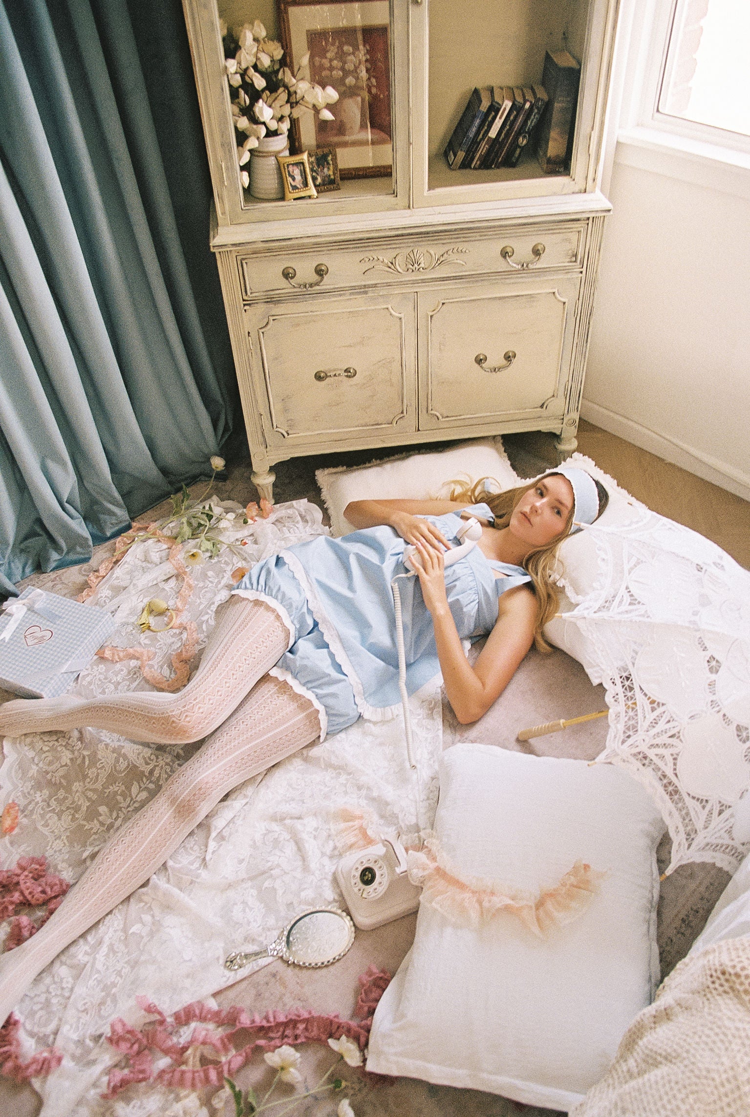 Annabelle Cotton Pajama Set with Lace Trim - Powder Blue