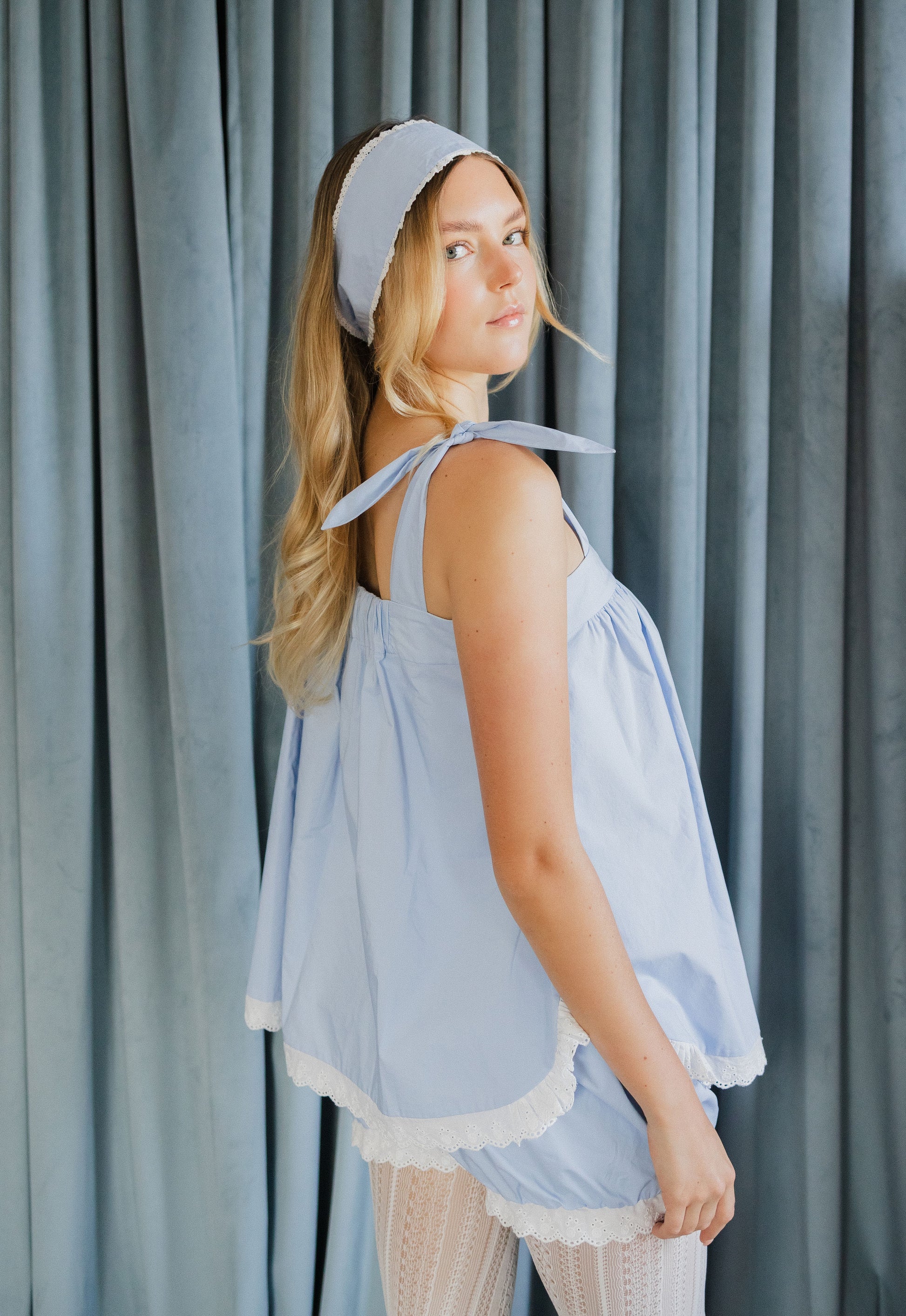 Annabelle Cotton Pajama Set with Lace Trim - Powder Blue