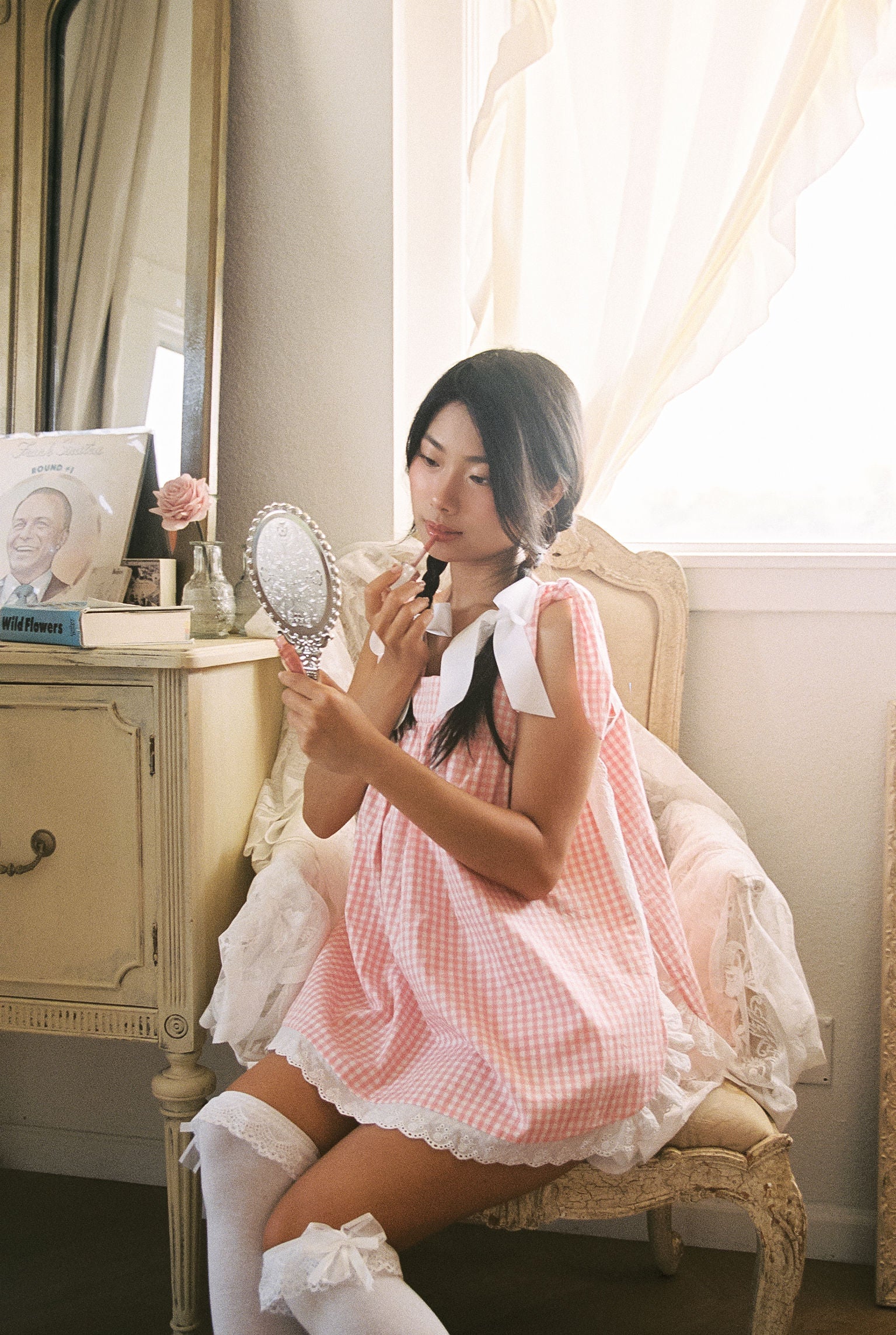 Annabelle Cotton Pajama Set with Lace Trim - Blush Gingham