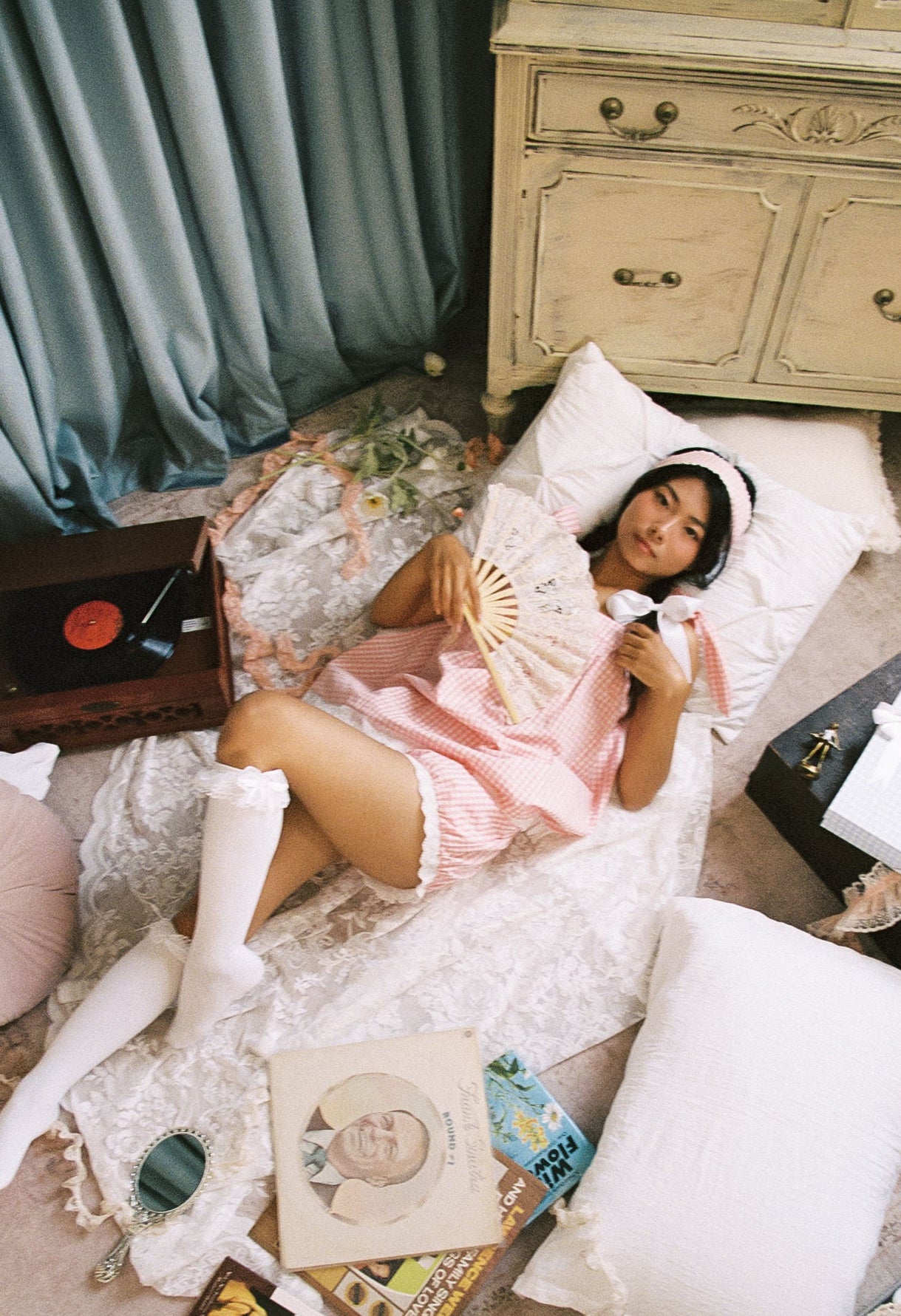 Annabelle Cotton Pajama Set with Lace Trim - Blush Gingham