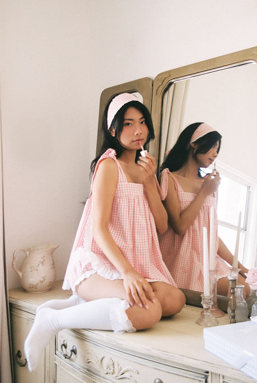 Annabelle Cotton Pajama Set with Lace Trim - Blush Gingham