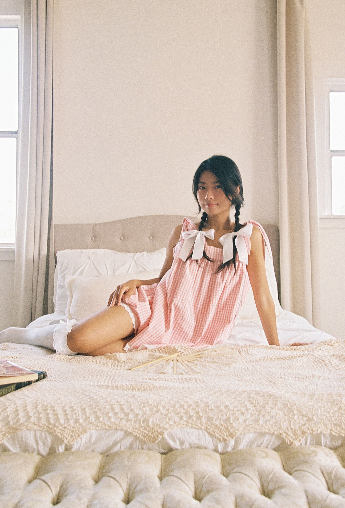 Annabelle Cotton Pajama Set with Lace Trim - Blush Gingham