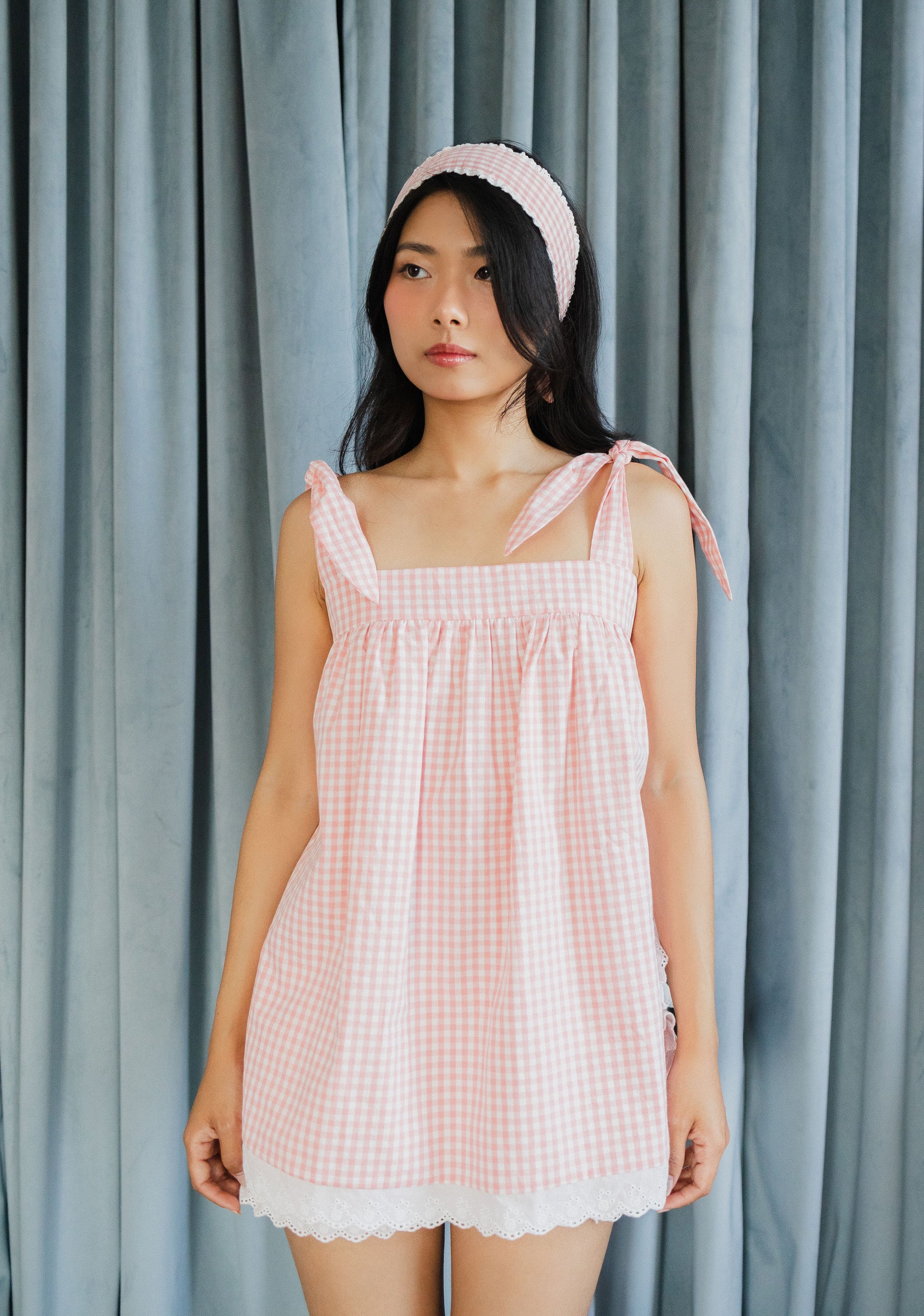 Annabelle Cotton Pajama Set with Lace Trim - Blush Gingham