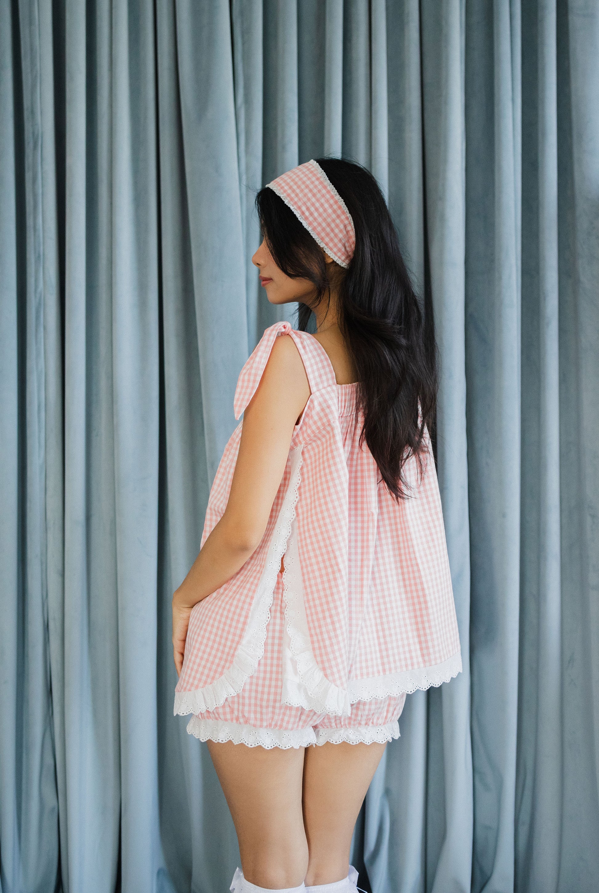 Annabelle Cotton Pajama Set with Lace Trim - Blush Gingham