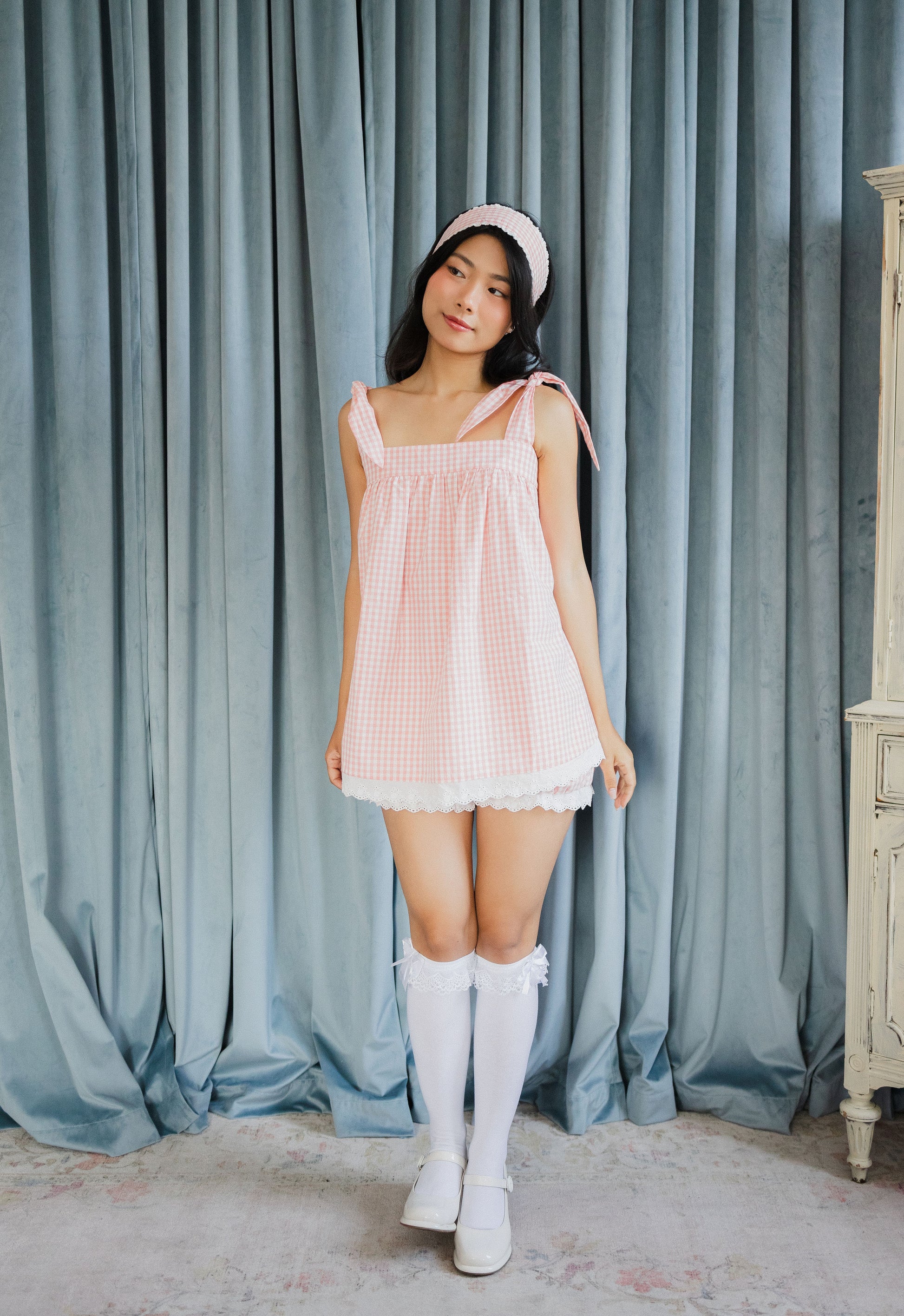 Annabelle Cotton Pajama Set with Lace Trim - Blush Gingham